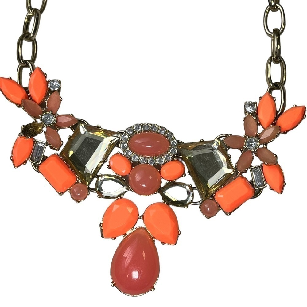 J Crew Statement Bib Necklace Orange Coral Gold Tone Rhinestone Stone